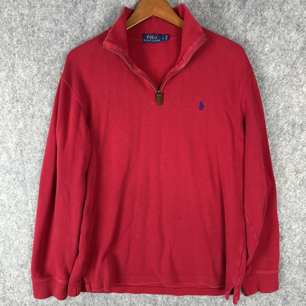 Ralph Lauren Sweater Mens Large Red Pullover 1/4 Zip Preppy Cotton Blue Pony